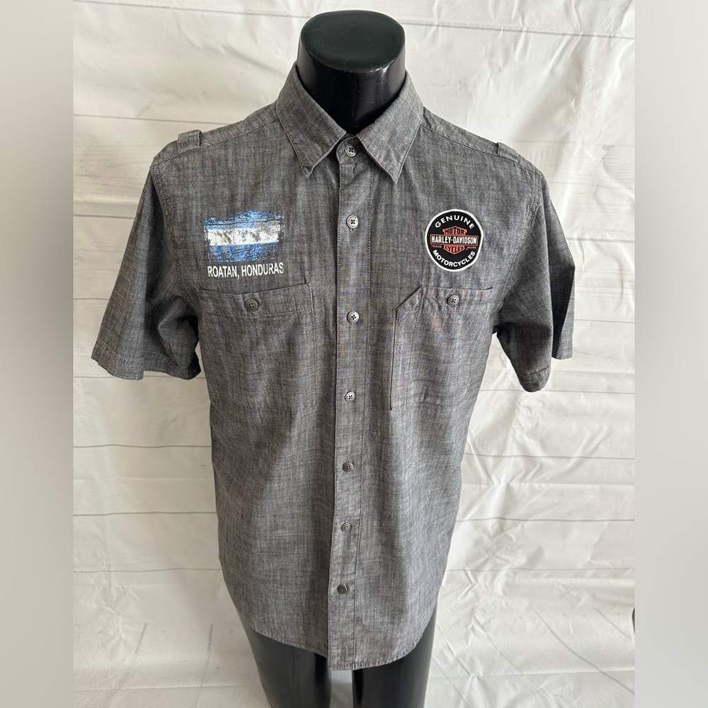 Harley-Davidson Shirt Adult Medium ROATAN, HONDURAS Gray Short Sleeve Button Up